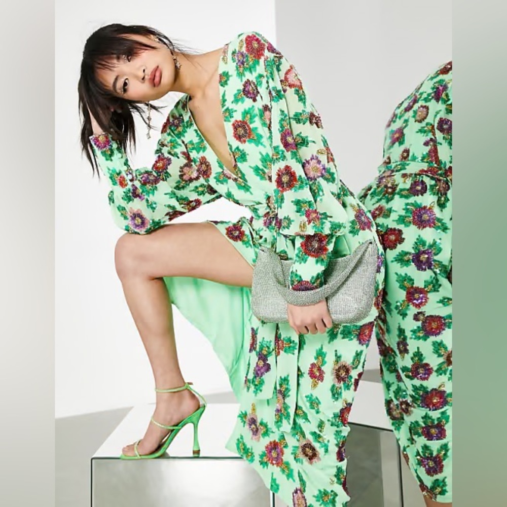 ASOS EDITION Floral Green Wrap Dress SZ 14 worn once lightly WORN (see pics)